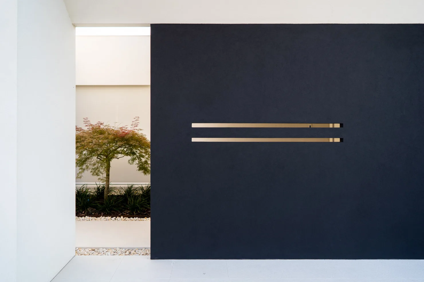 Architettura minimalista di Villa MD Home a Verona, progettata da Federico Cappellina & Partners Architects. Dettaglio di facciata con albero giapponese, contrasto tra modernità e natura. Design italiano di lusso