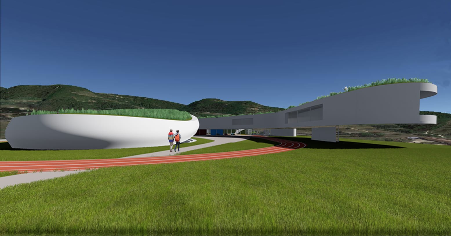 Render di progetto per polo scolastico e culturale: architettura organica, design bioclimatico e spazi flessibili immersi nel paesaggio