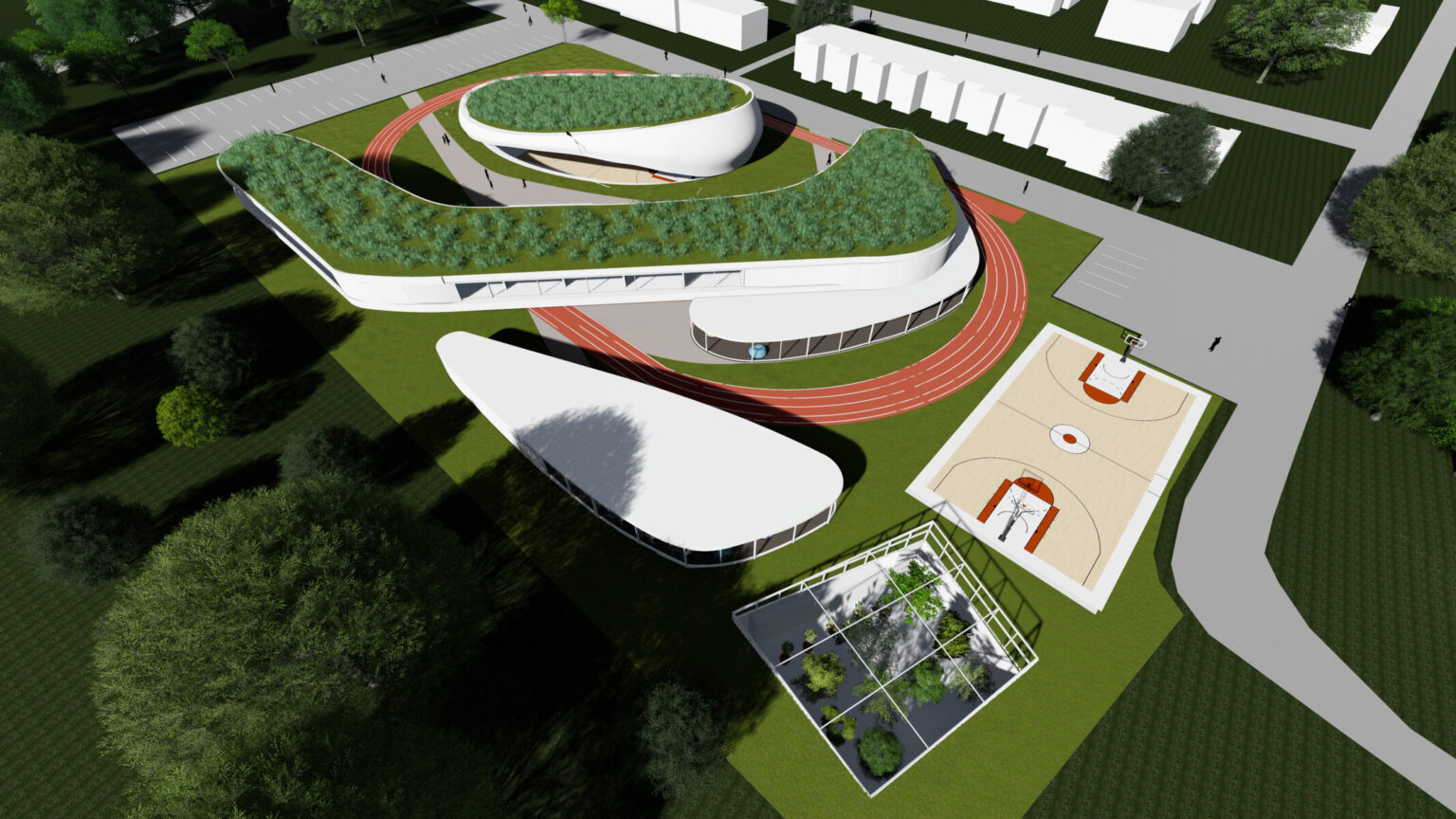 Visualizzazione di un polo scolastico e culturale con architettura bioclimatica: Forme organiche, tetti verdi, pista di atletica, campo da basket e serra integrati in un design sostenibile immerso nel paesaggio