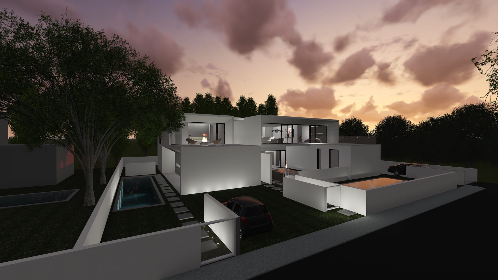 Tre ville a schiera minimaliste con piscina, design moderno e architettura di lusso
