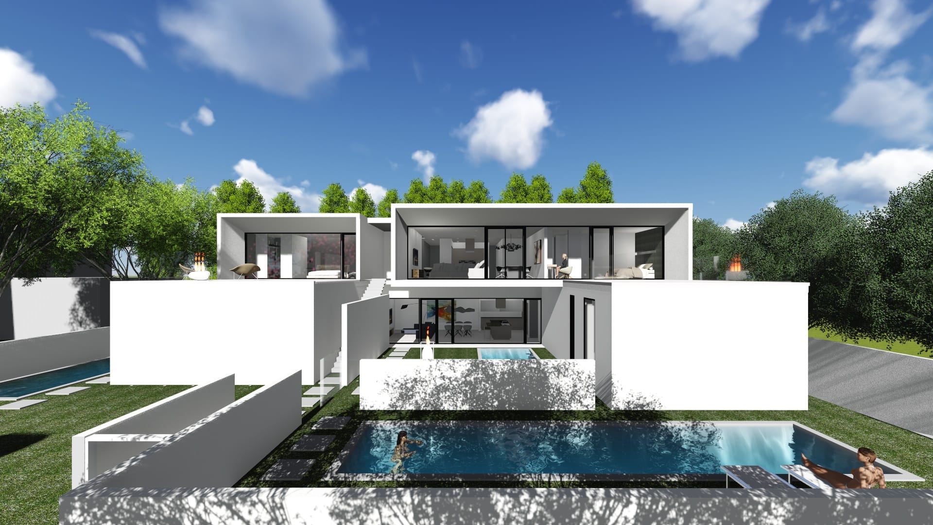 Architettura minimalista: villa a schiera con piscina privata e design contemporaneo, illuminata dalla luce naturale e artificiale