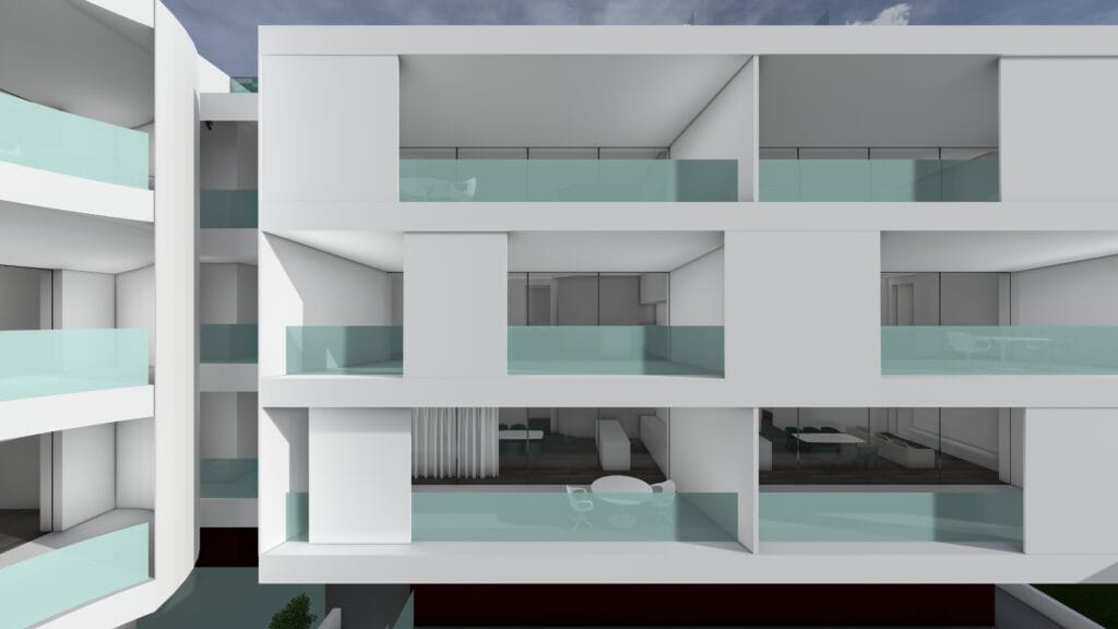 Federico Cappellina & Partners Architects: Residenze Via Morando - Architettura minimalista a San Bonifacio. Rendering dettagliato della facciata con balconi in vetro e design moderno. Eleganza, esclusività e relax in ogni dettaglio