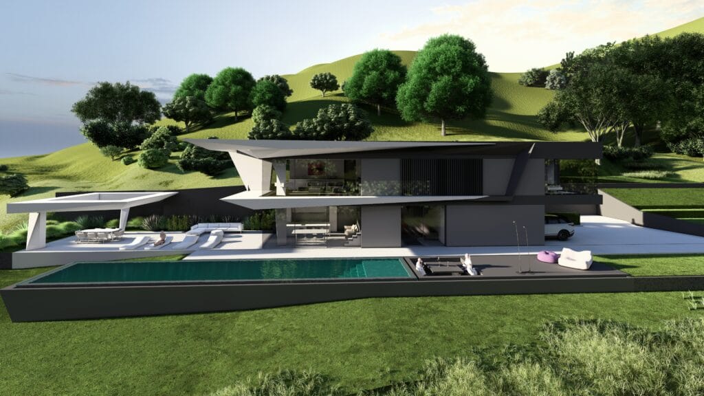 Villa Mysa a Lonigo, Vicenza, design di Federico Cappellina & Partners Architects. Vista della piscina a sbalzo e architettura futuristica integrata nel paesaggio collinare