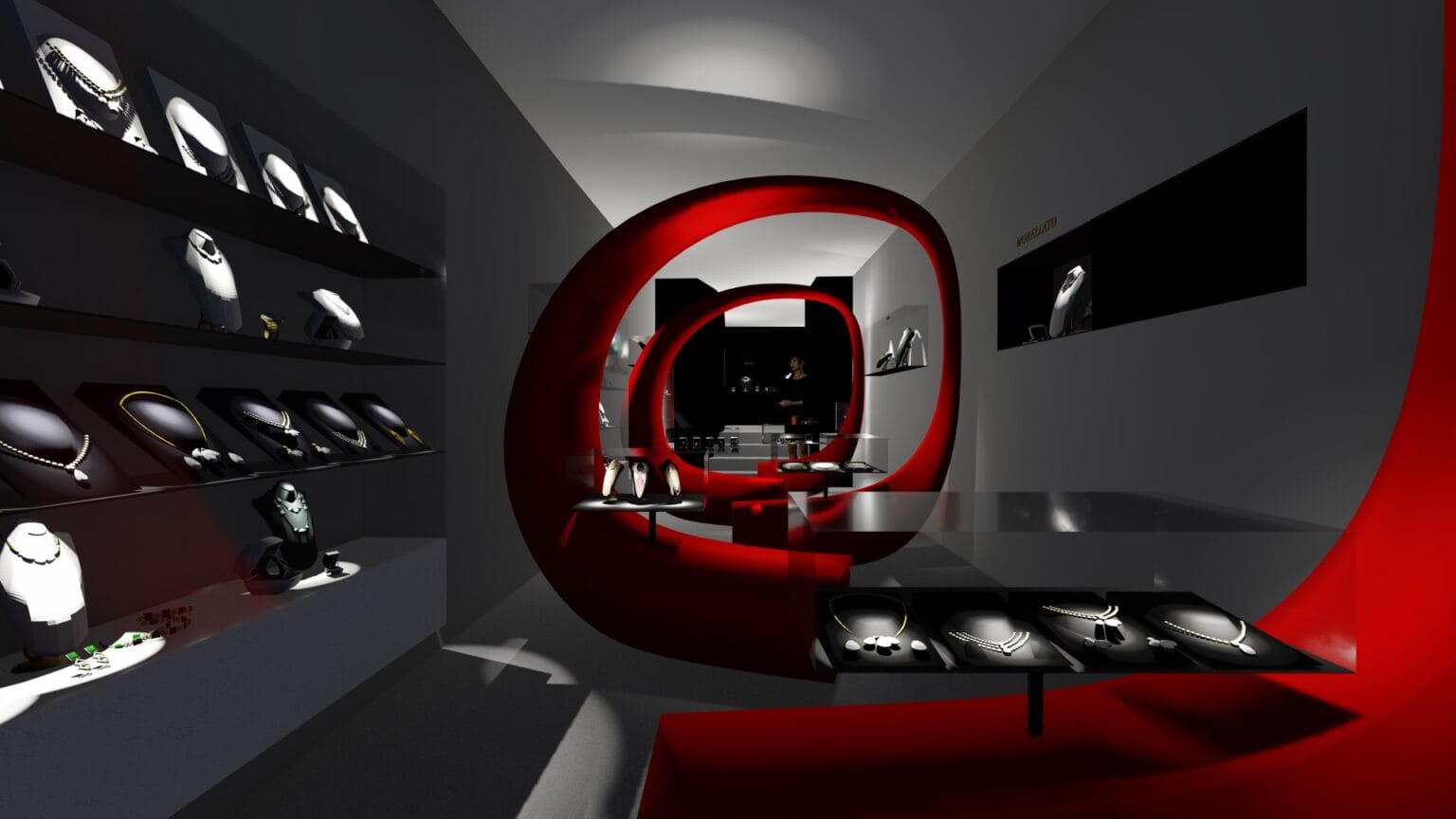 Interni di gioielleria con un design moderno e artistico, caratterizzato da un'installazione rossa curvilinea che contrasta con l'illuminazione focalizzata sui gioielli esposti